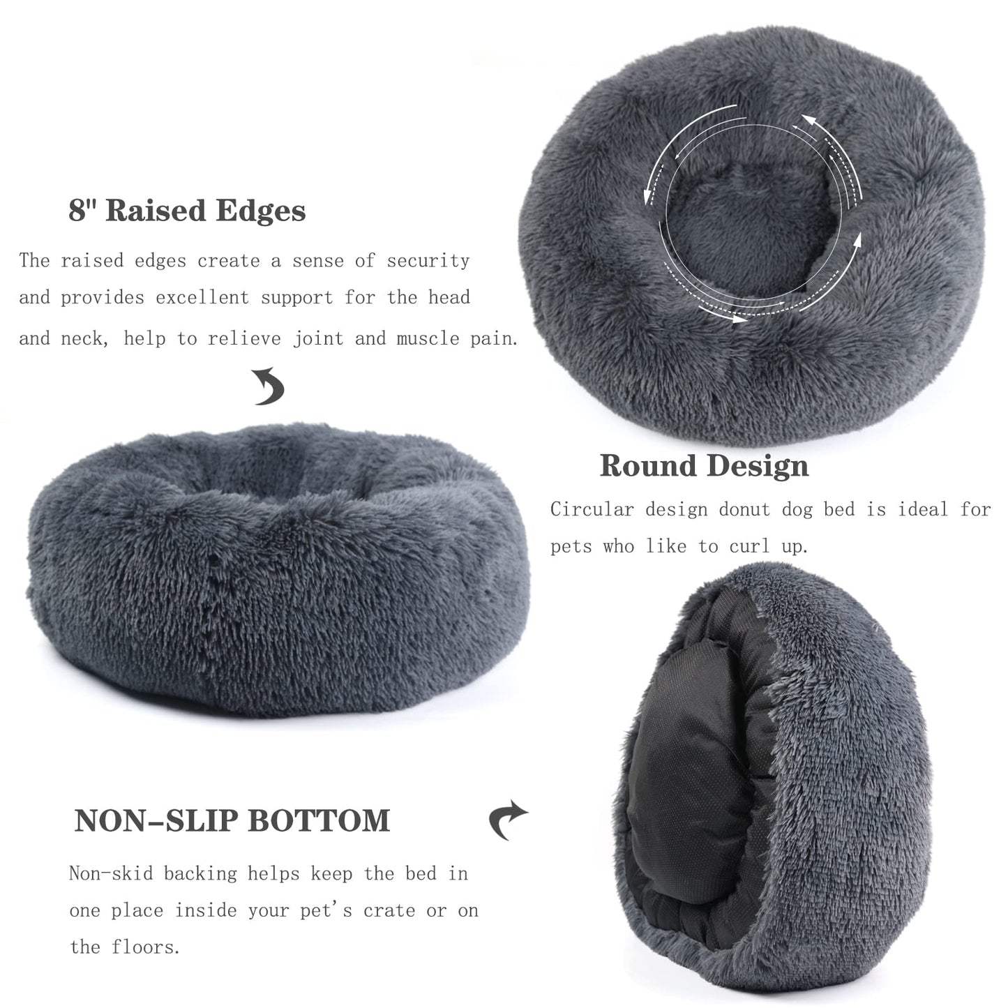 Round Calming Dog Beds for Medium Dogs 30 Inches Anti-Slip Donut Washable Plush Faux Fur Pet Bed fits up to 45 lbs Pets,Dark Gray