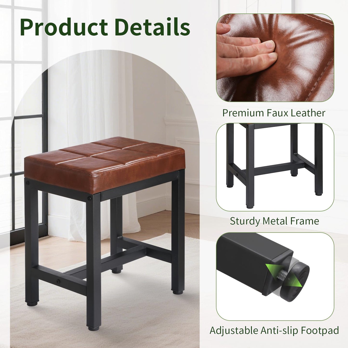 FLYZC Vanity Stool, Vanity Chair for Makeup Room, Square Faux Leather Small Ottoman Foot Stool with Metal Legs, Modern Makeup Chair for Bedroom, Living Room, Brown
