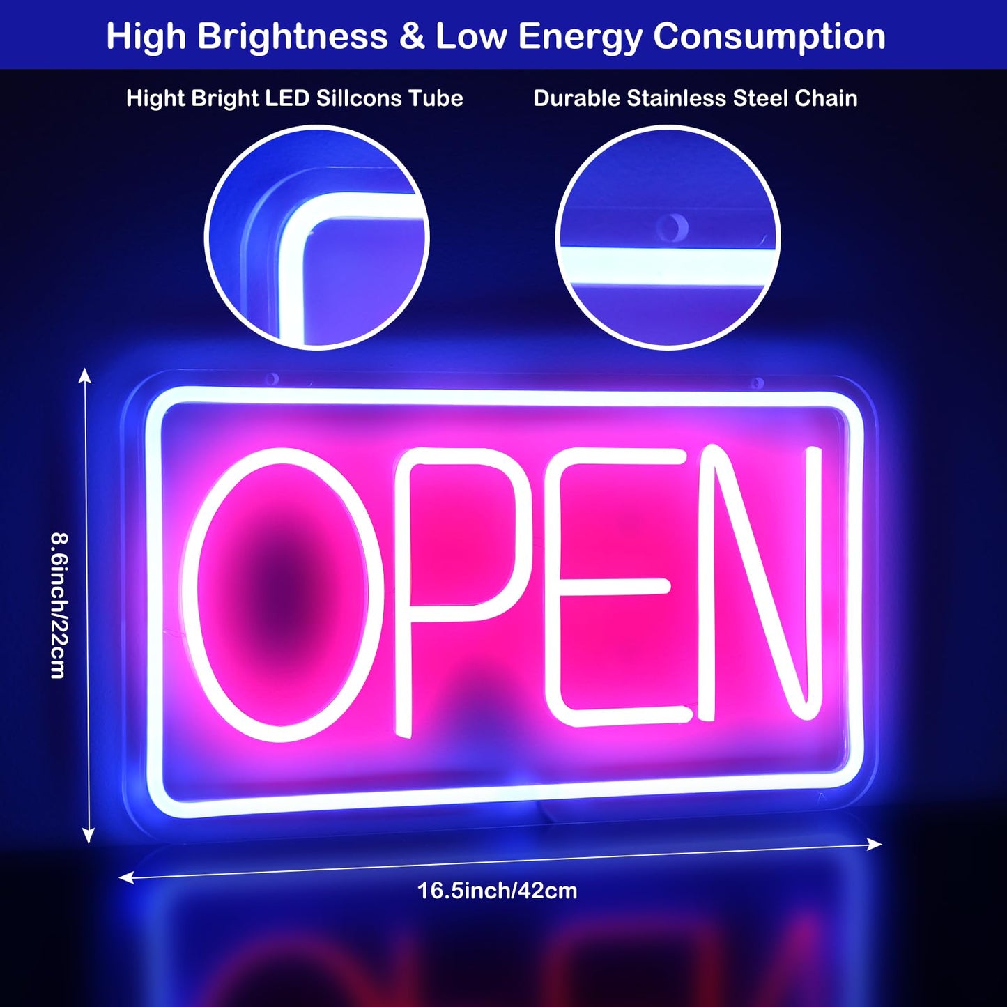 Rdutuok Led Neon Open Signs for Business,42x22cm Light Up Open Signs Advertisement Board Electric Display Sign Powered by USB with ON/OFF Switch for Stores Window Bars Cafes Hotels (Horizontal)