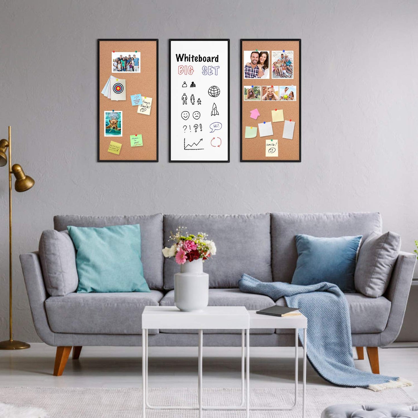 Cork Board and Whiteboard Combination Board for Wall, 3-Pack 12" X 24", Black Framed Dry Erase White Cork Board for Home, Office
