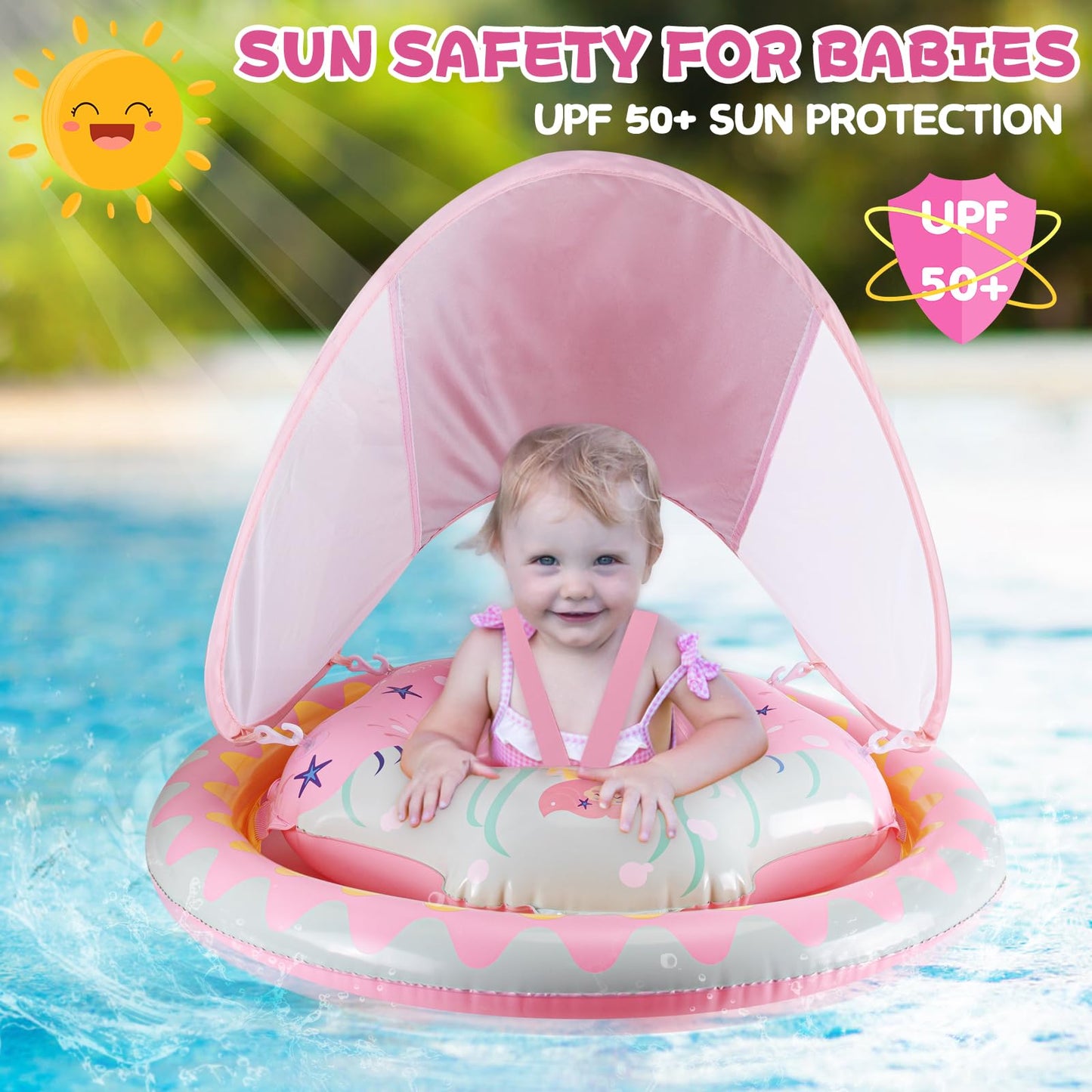 Refasy Baby Swimming Float for 6-36 Months, Inflatable Baby Pool Float with Dual Airbags & UPF50+ Sun Canopy, Adjustable Safety Seat Baby Swimming Ring for 6 9 12 18 24 36 Months Toddlers Gilrs