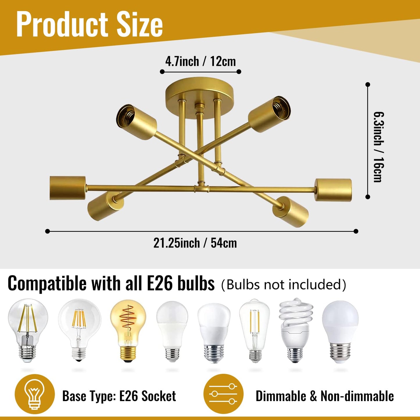 Ceiling Light, 6-Light Sputnik Chandelier,Direction Adjustable Light Fixtures Ceiling,Modern&Stylish Gold Dining Room Light Fixtures,Industrial Kitchen Light Fixtures