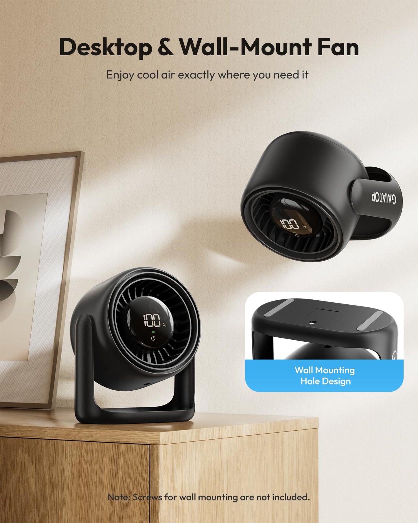 Gaiatop 7.7 In Desk Fan with Touch Control, 4000mAh Battery, 5 Speeds Ultra Quiet Bedroom Fan with LED Display, 90° Tilt, USB-C Rechargeable Desktop Fan for Dorm Office Room Home Office, Black
