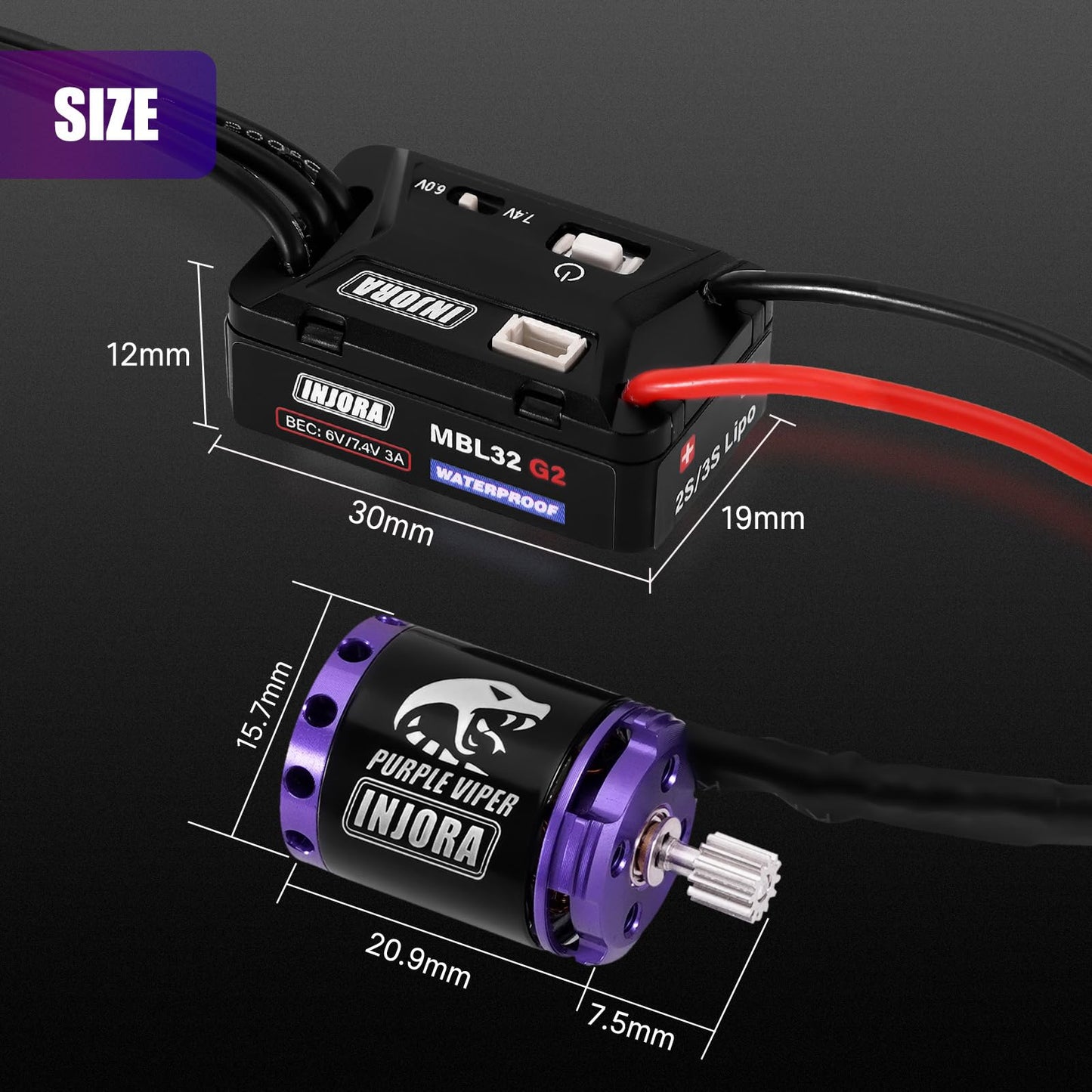 INJORA MBL32 G2 Waterproof Brushless ESC & 1721 Purple Viper Outrunner Motor for 1/24 Axial SCX24 Upgrade