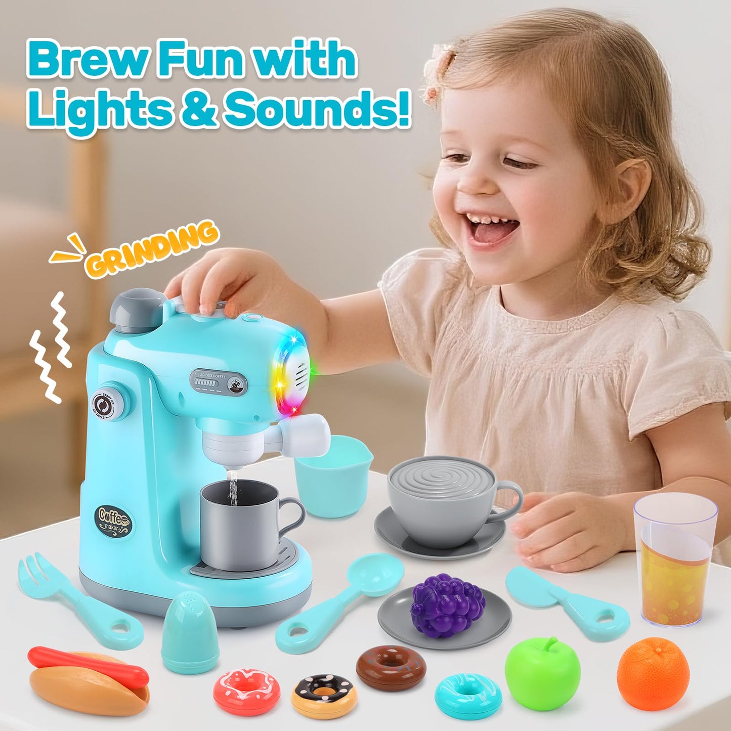 CUTE STONE Kids Play Kitchen Appliances Set, Pretend Kitchen Toys with Coffee Maker, Blender & Toaster, Realistic Sounds and Light, Includes Play Food & Accessories for Toddler Boys & Girls Ages 3+