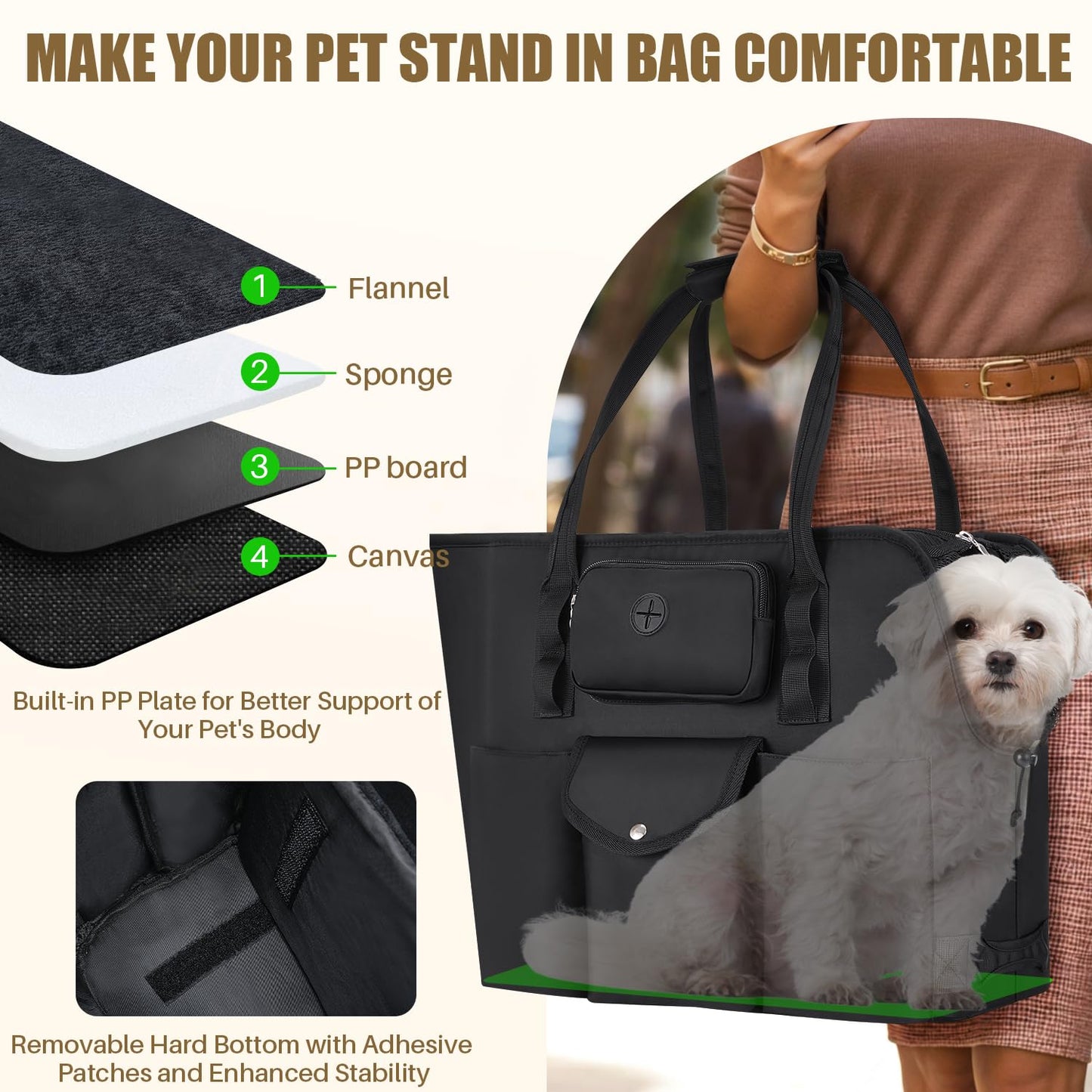 SlowTon Dog Purse Carrier - Portable Dog Carrier Tote Bag with Pockets & Safety Leash, Breathable Pet Handbag for Small to Medium Cats Puppies (Black)