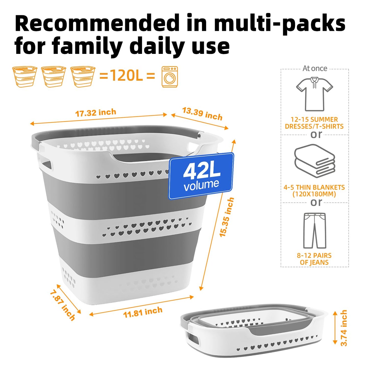 Collapsible Plastic Laundry Basket Hamper with Handles, Foldable Laundry Basket, Pop Up Storage Container Organizer for Washing Storage (1, Gery, 42L)