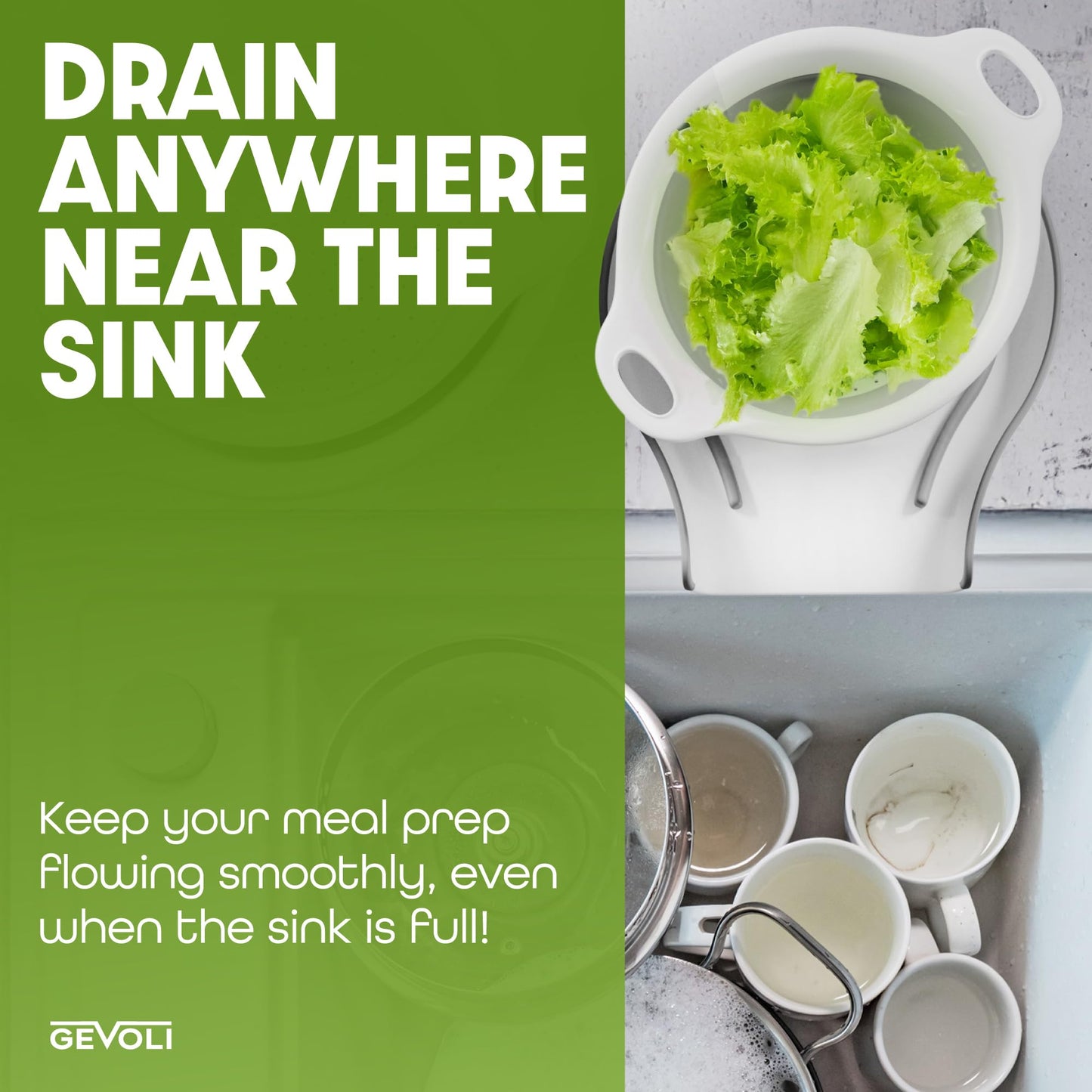 Gevoli (Set of 3 Sizes) Collapsible Colanders with Self-draining Base for Edge of Sink - Plastic Food Strainer (White)