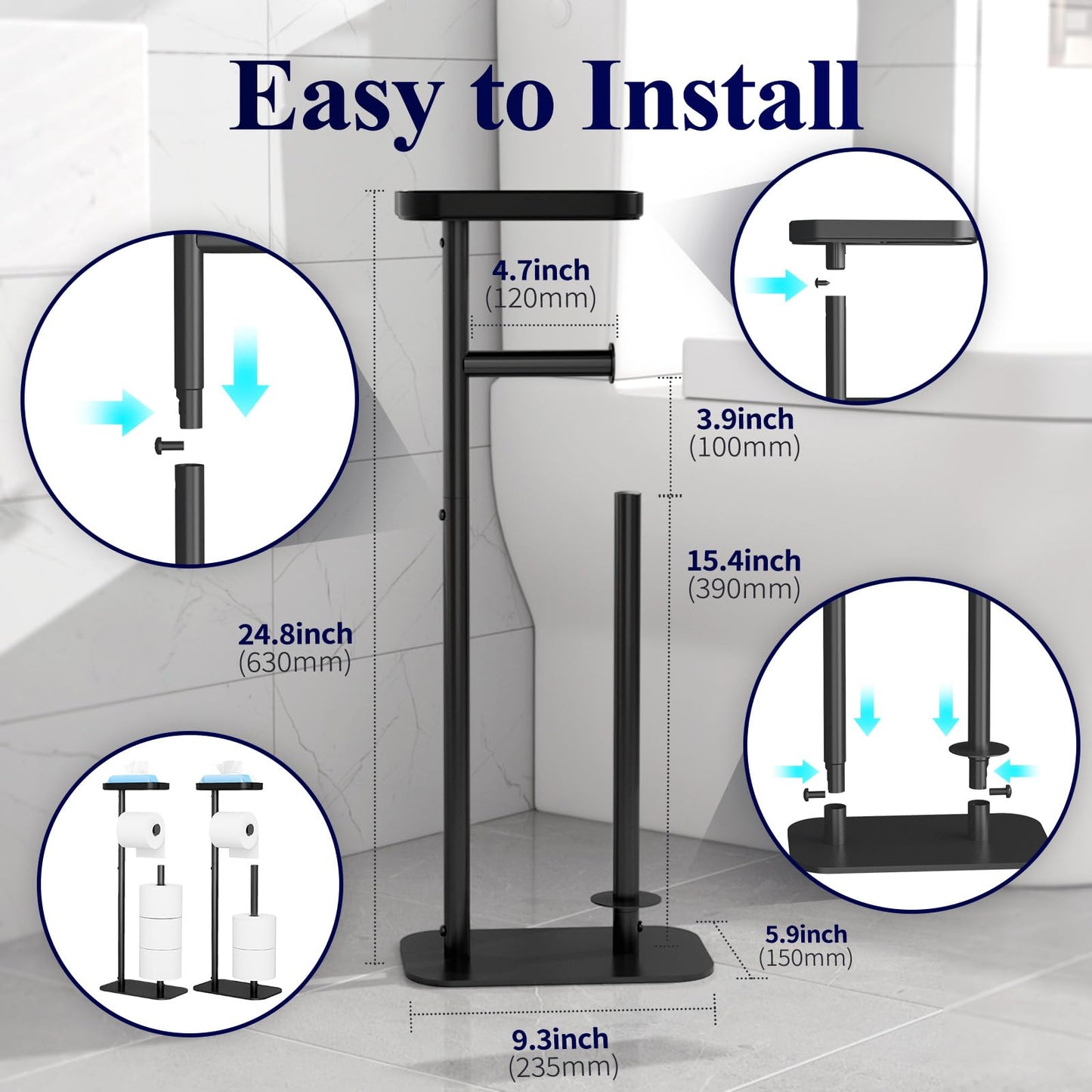 Kitsure Toilet Paper Roll Holder Free Standing – Rustproof Metal Toilet Paper Stand for 4 Rolls with Anti-Slip Base and Shelf for Phone & Small Items, Black, 2 Pack