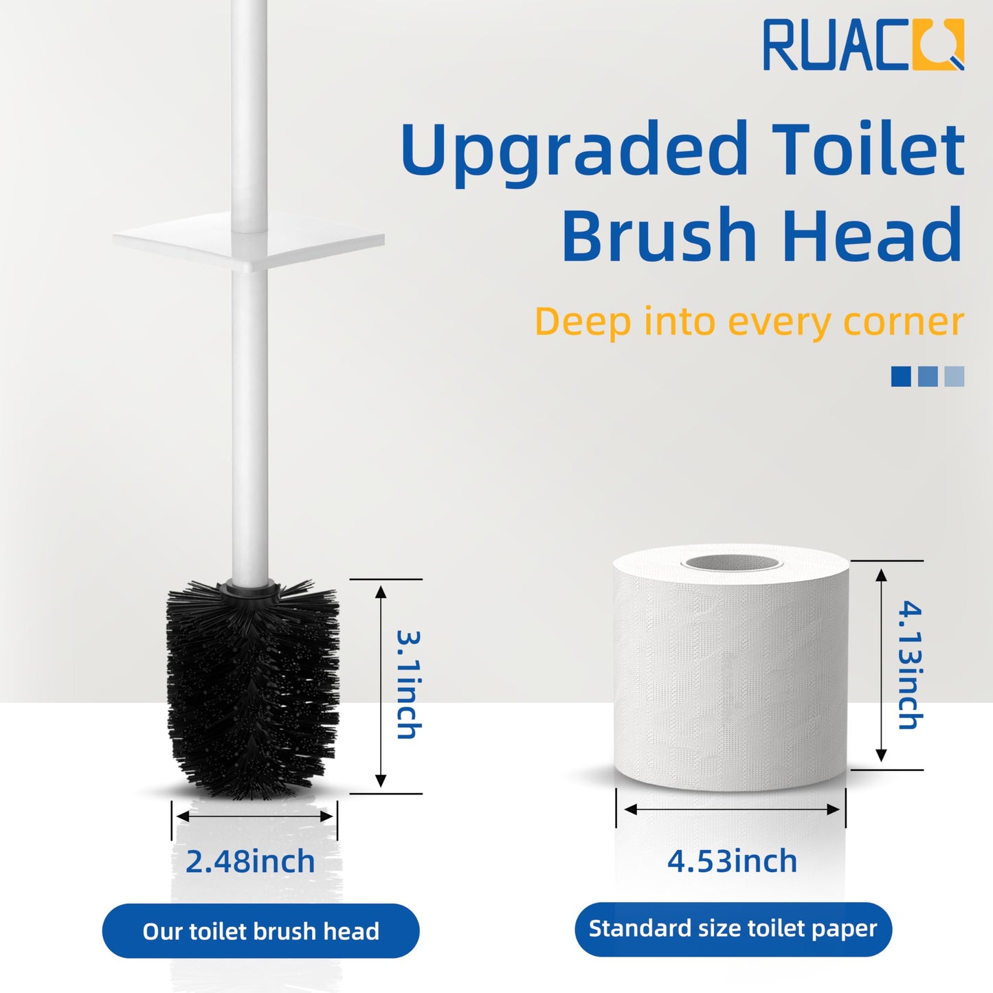 RUACQ Toilet Brush and Holder Set,Square Toilet Bowl Brush for Bathroom with 304 Stainless Steel Handle Toilet Cleaner Brush with Durable Scrubbing Bristles,Splash-Proof (White)