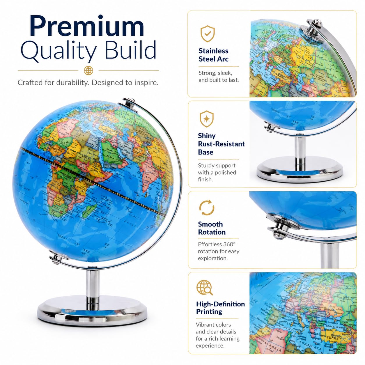 Exerz 20cm World Globe (8 Inch) – Political Map in English, Educational Geography Tool for Kids & Students, Rotating Desk Display with Stainless Steel Base for Home Office