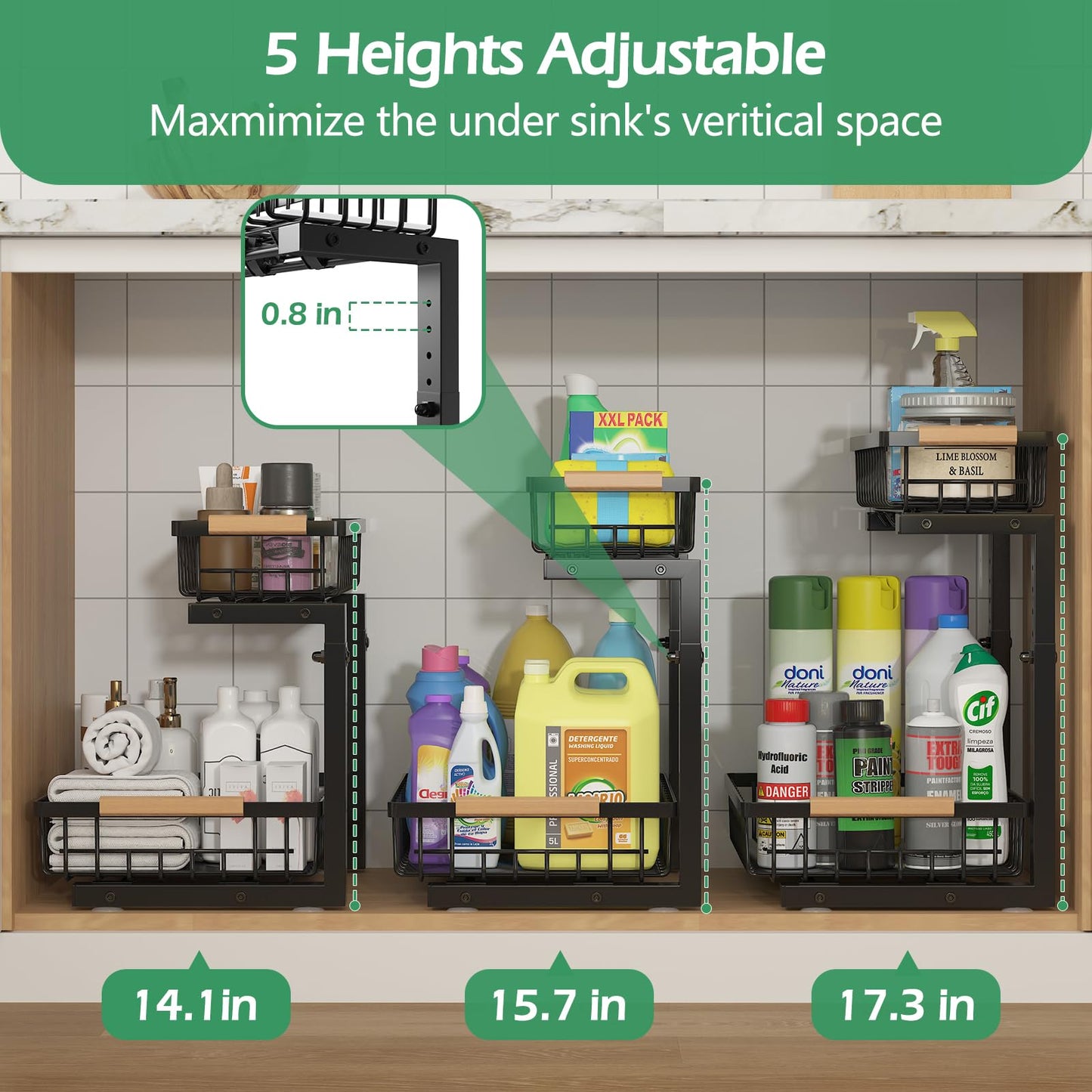 ADRIMER 2 Tier L-shaped Under Sink Organizer, Pull Out Kitchen Organizers and Storage, Undersink Organizers and Storage for Kitchen Bathroom, Height Adjustable, Black