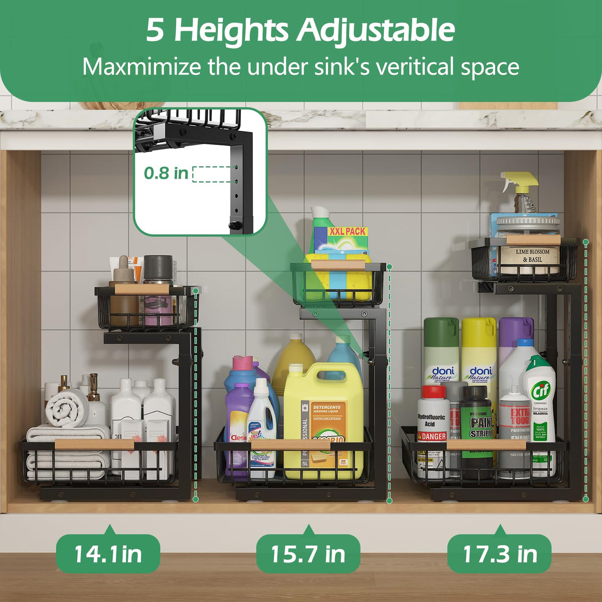 ADRIMER Under Sink Organizer, Pull Out Kitchen Organizers and Storage, 2 Tier Slide Out Bathroom Cabinet Organizers and Storage Height Adjustable Durable Metal, Black