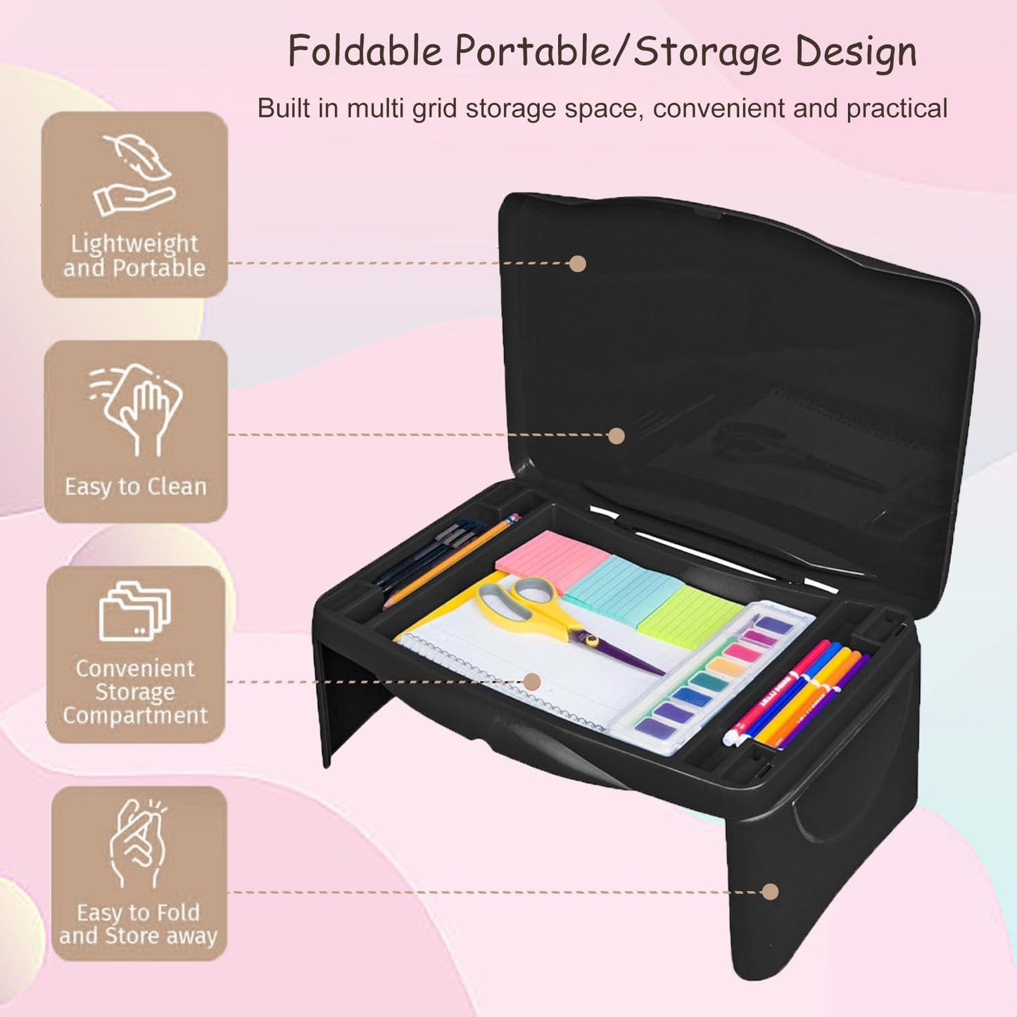 Tlingsd Folding Lap Desk for Bed with Compartments Storage Pocket,Color Foldable Laptop Table for Children's Activities,Bed Desk,Laptop Desk, Breakfast Table, Bed Table, Serving Tray (Black)
