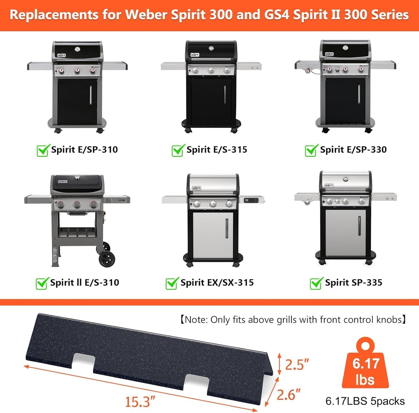 QuliMetal Grill Parts for Weber Spirit 300 Series, GS4 Replacement Parts for Weber Spirit II E/S-310 E/S-330 Gas Grills, Porcelain-enameled 15.3" Flavorizer Bars Replace for Weber 67046 7636
