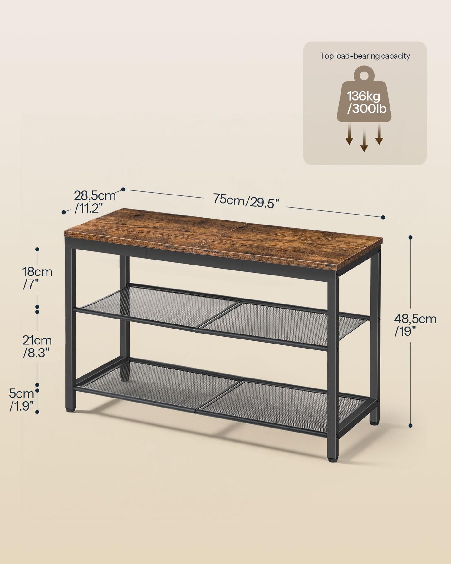 HOOBRO Shoe Bench, 3-Tier Shoe Rack, Industrial Shoe Organizer Storage Bench, 75 cm Entry Bench with Mesh Shelves, for Entryway, Living Room, Hallway, Easy Assembly, Rustic Brown BF75HX01