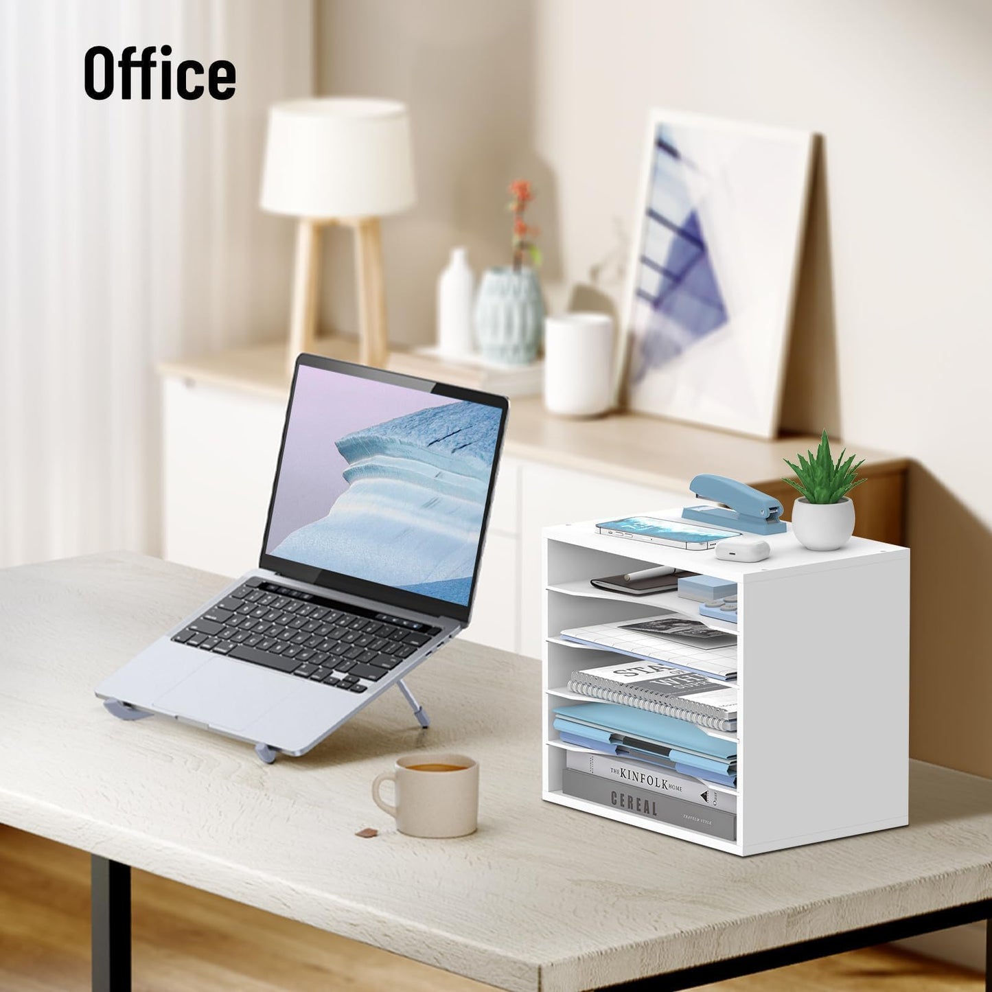 SHARKWOODS 5-Tier Wood Desk Organizer, Paper Sorter for Desktop with Adjustable Storage Shelves, Desktop Mail Holder for Office Home Classroom, White