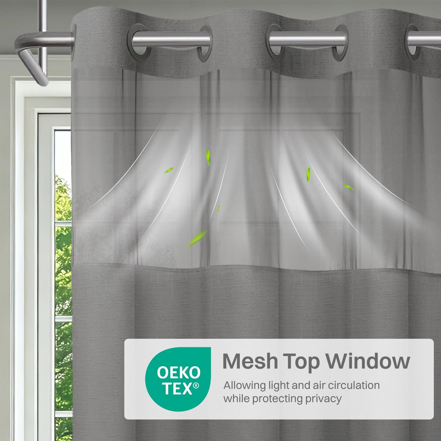 No Hook Slub Textured Shower Curtain with Snap in Liner - Fabric Outer Curtain & Waterproof Inner Liner, Hotel Style with See Through Top Window, Grey, 71" W x 74" L