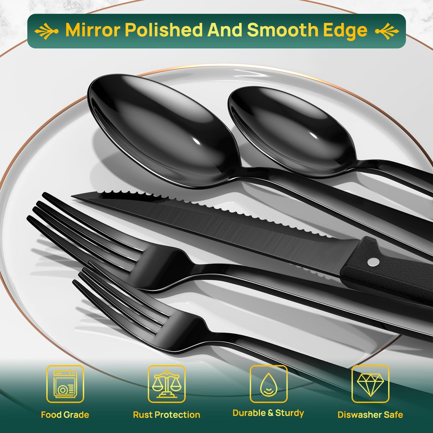 Yoehka 72 Pieces Black Silverware Set with Steak Knives, Stainless Steel Cutlery Set Service for 12, Durable Home Kitchen Eating Tableware Set, Include Fork Knife Spoon Dishwasher Safe