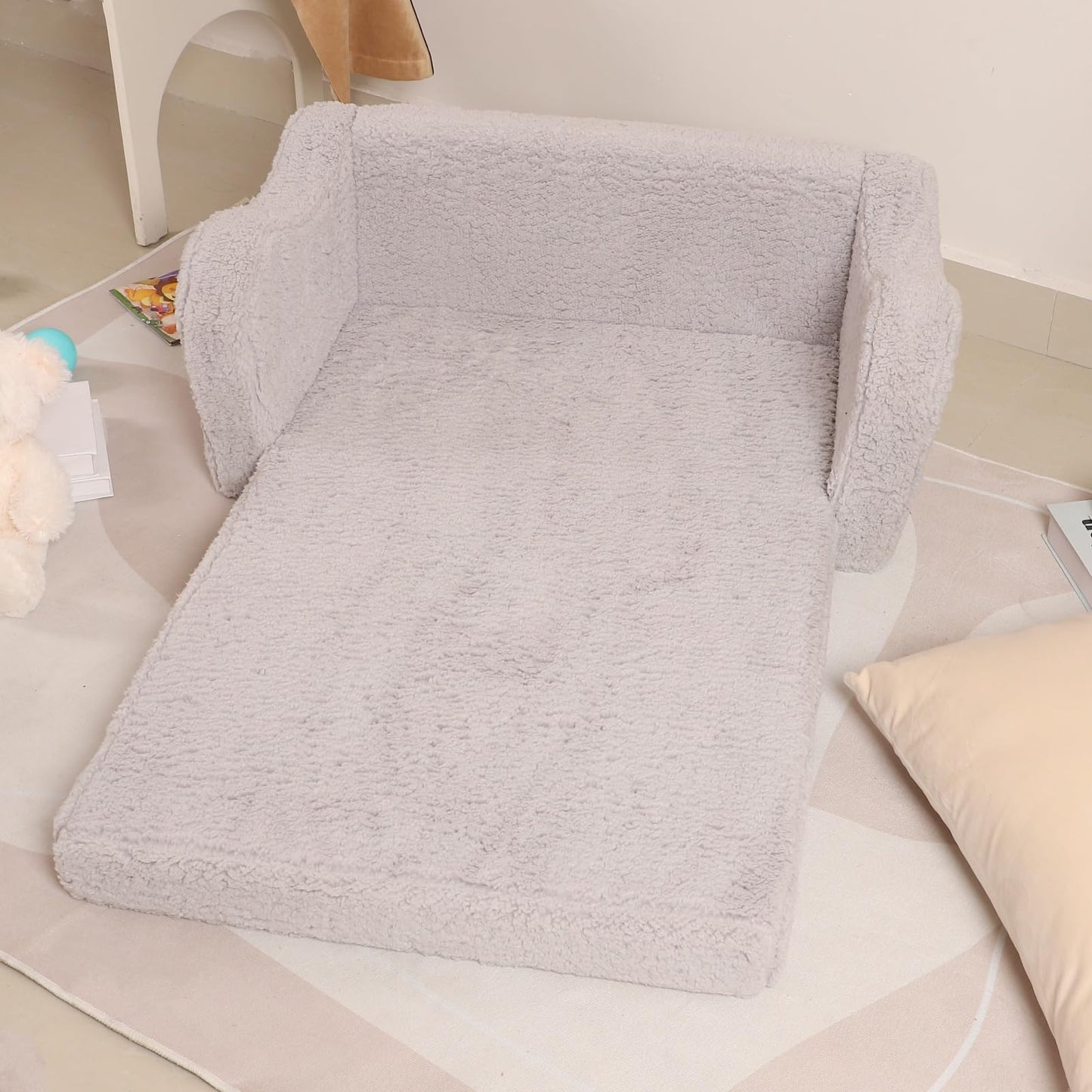 MOMCAYWEX Kids Sofa, 2-in-1 Flip-Out Foam Couch with Soft Sherpa Cover, Cozy Play Lounge Chair, Grey, Large
