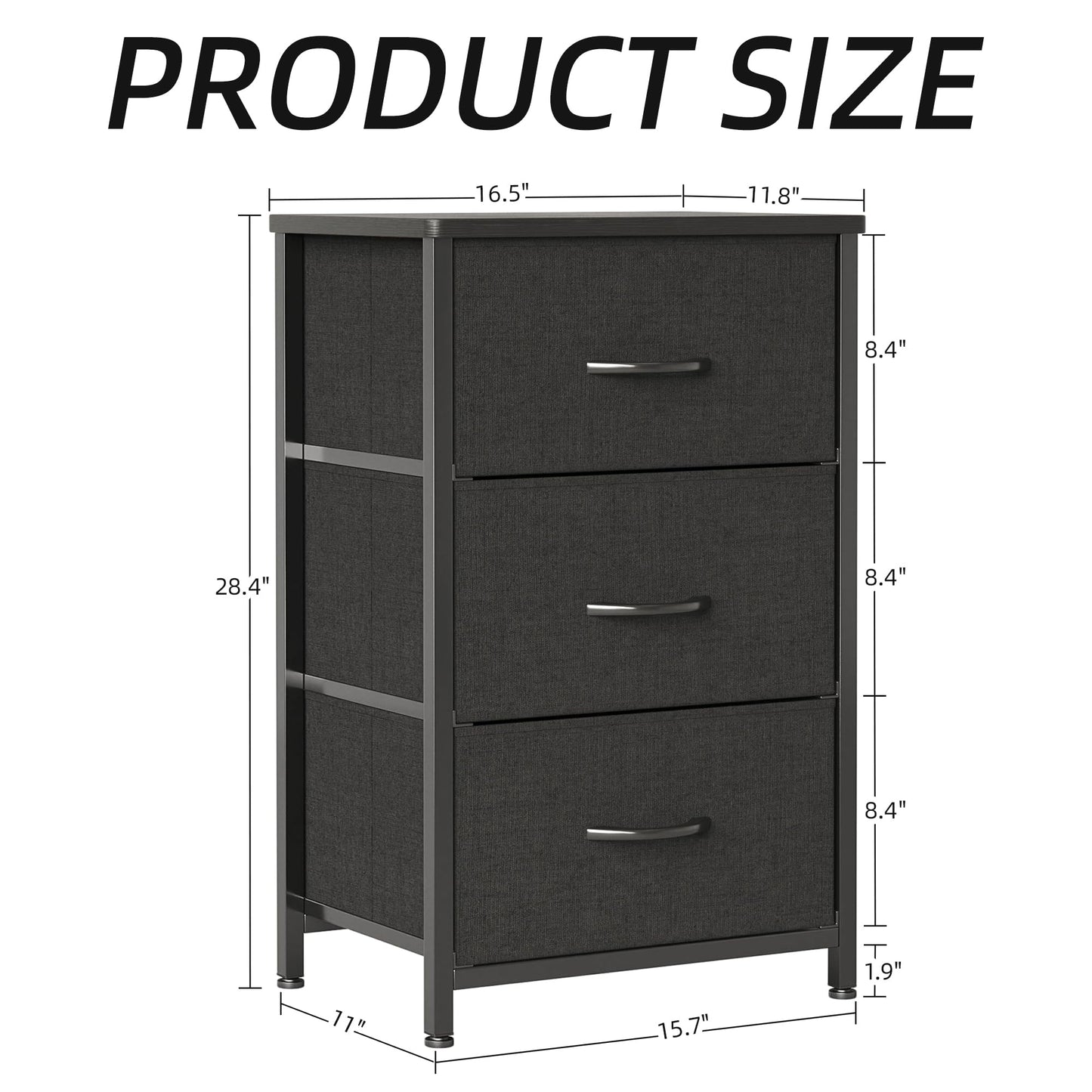 Vermess Nightstand, Small Dresser, Bedside Furniture, Night Stand End Table with 3 Storage Drawers for Bedroom, Black