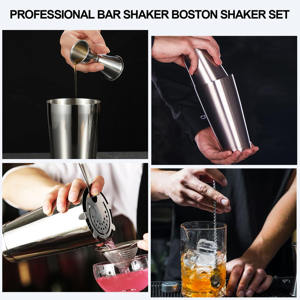 Cocktail Shaker Boston Shaker Set 10 Pcs Professional Bartender Kit Bar Shaker Stainless Steel Drink Shaker Bartending Martini Shaker Tin with 18oz&28oz Mixed Alcohol Shaker Tool for Beginner(Silver)
