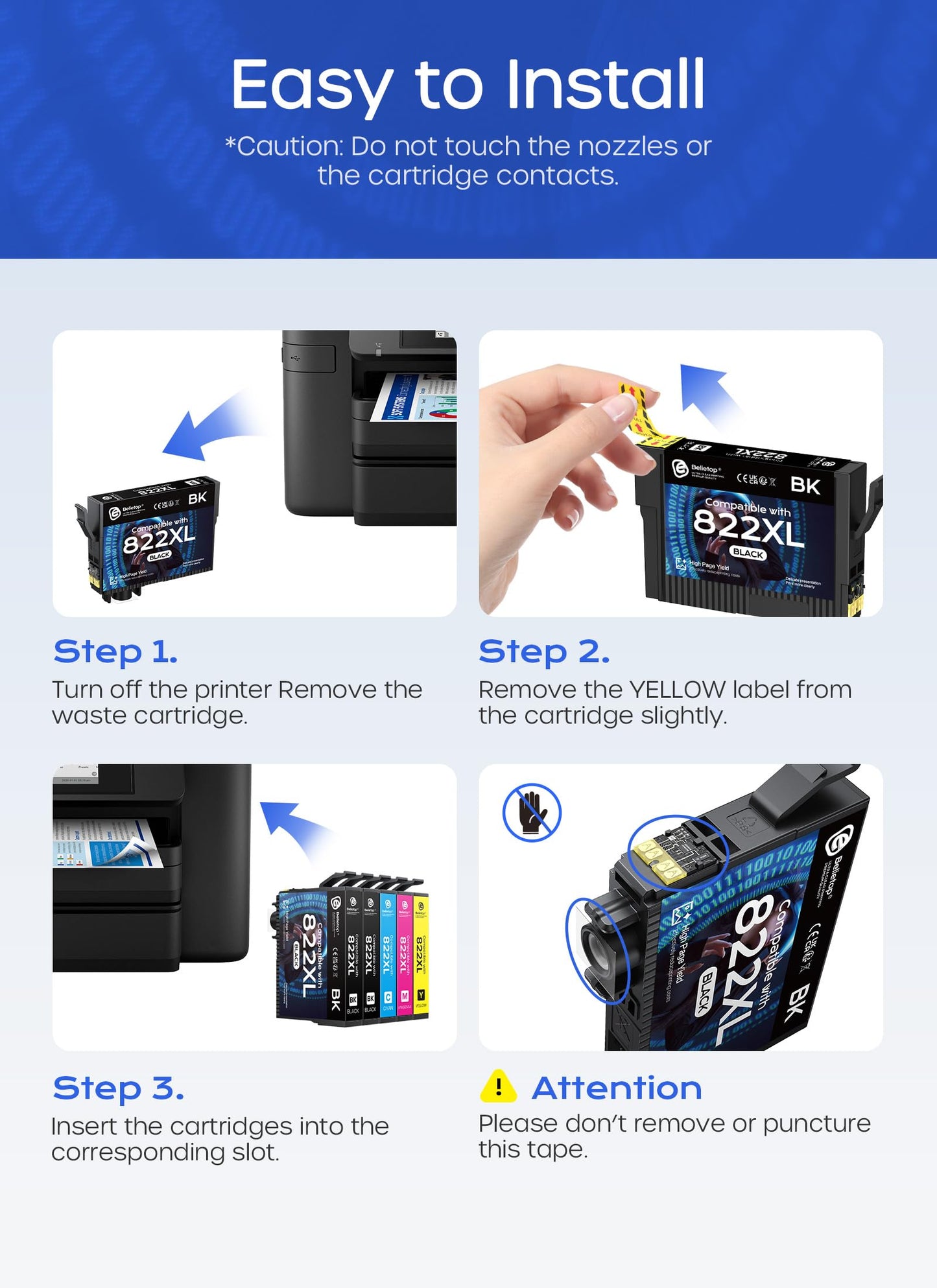 Compatible with 822XL Remanufactured Ink Cartridges Combo Pack Work for 822XL 822 XL High Yield Ink Cartridge to use with WF-3820 WF-3823 WF-4820 WF-4830 WF-4833 WF-4834 Printers-5 Pack (BK/C/M/Y)