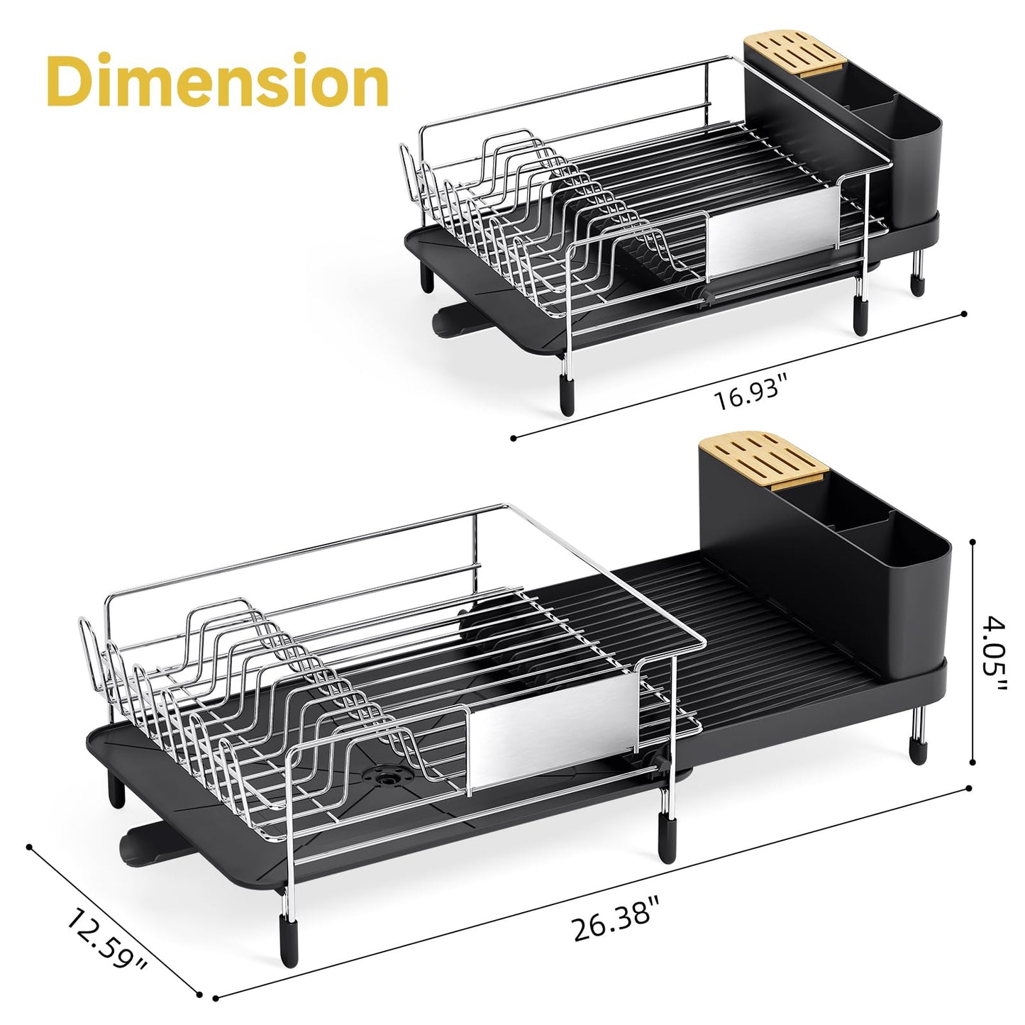 Urackify Expandable Dish Drying Rack Stainless Steel Dish Rack with Drainboard Set Dish Drainer for Kitchen Counter Large Capacity Dish Dryer Rack with 360° Swivel Spout
