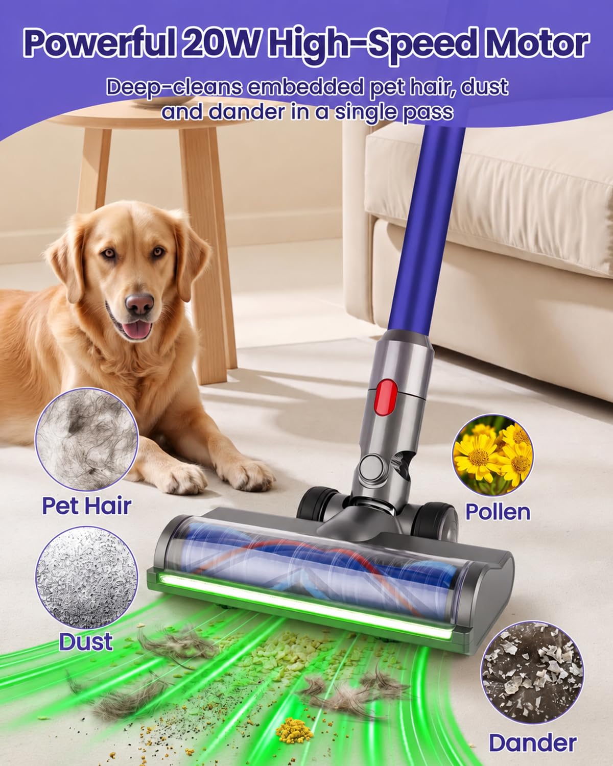 LED Dust Detection Brush Head Compatible with Dyson V7 V8 V10 V11 V15 Vacuum, Green Light Floor Head Replacement with 20W Motor for Hard Floors & Low-Pile Carpet, Pet Hair & Hidden Debris