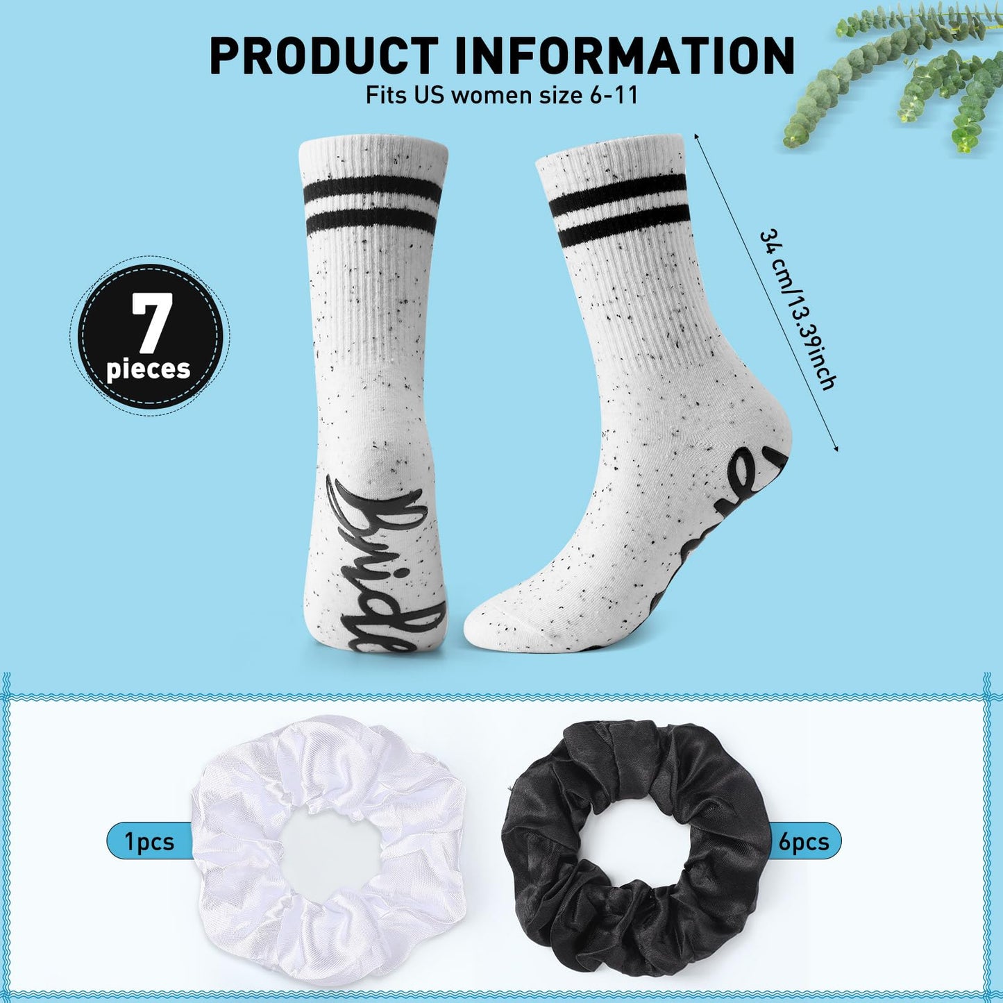 Toulite 7 Pairs Bride Bridesmaid Socks 7 Satin Bridesmaid Scrunchies Women Wedding Gifts Set Bachelorette Party Favors (Novel)