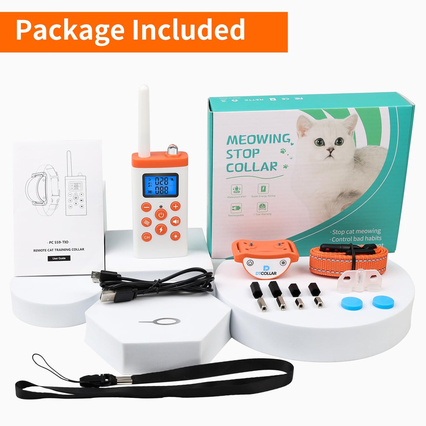 2-in-1 Cat Shock Collar with Remote, Shock Collar for Cats with Beep Vibration Shock & Auto Stop Meowing 4 Modes, 2300ft Cat Training Collar Effective for Bad Behavior IP67 Waterproof