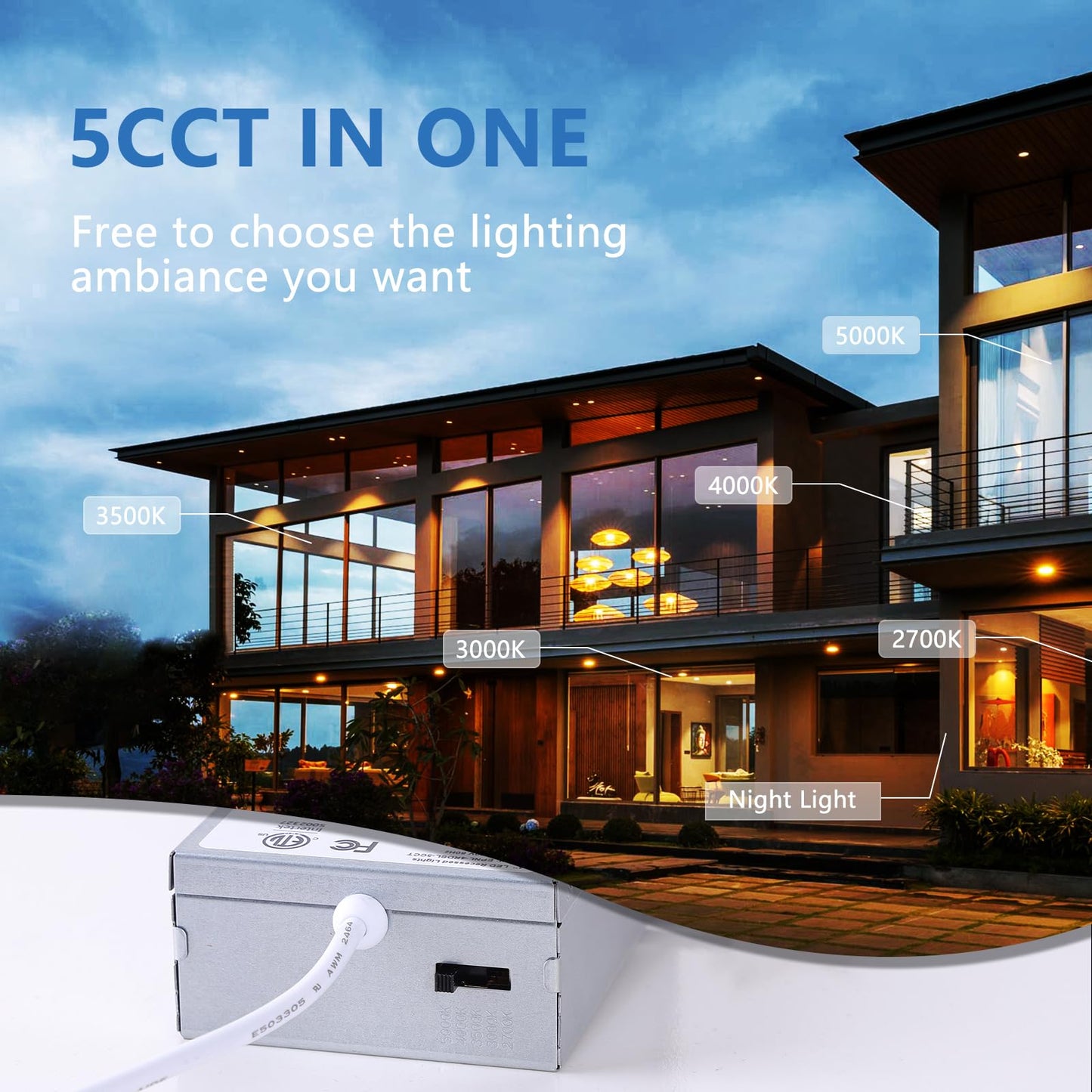 CycevSun Pot Lights LED 4 inch Slim Recessed Lighting with Night Light, Dimmable & 5CCT Selectable, Lumiere Encastre Plafond, Downlight Panel 9W, cETL, 6 Pack