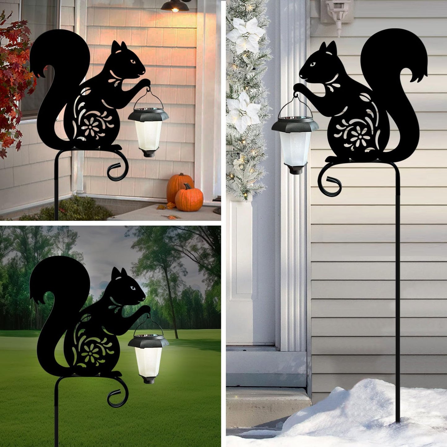 Metal Squirrel Garden Stake,Hokfirm Solar Lights Outdoor Solar-Powered with Lantern-Outdoor Waterproof Pathway and Garden Decorations (Black Squirrel)
