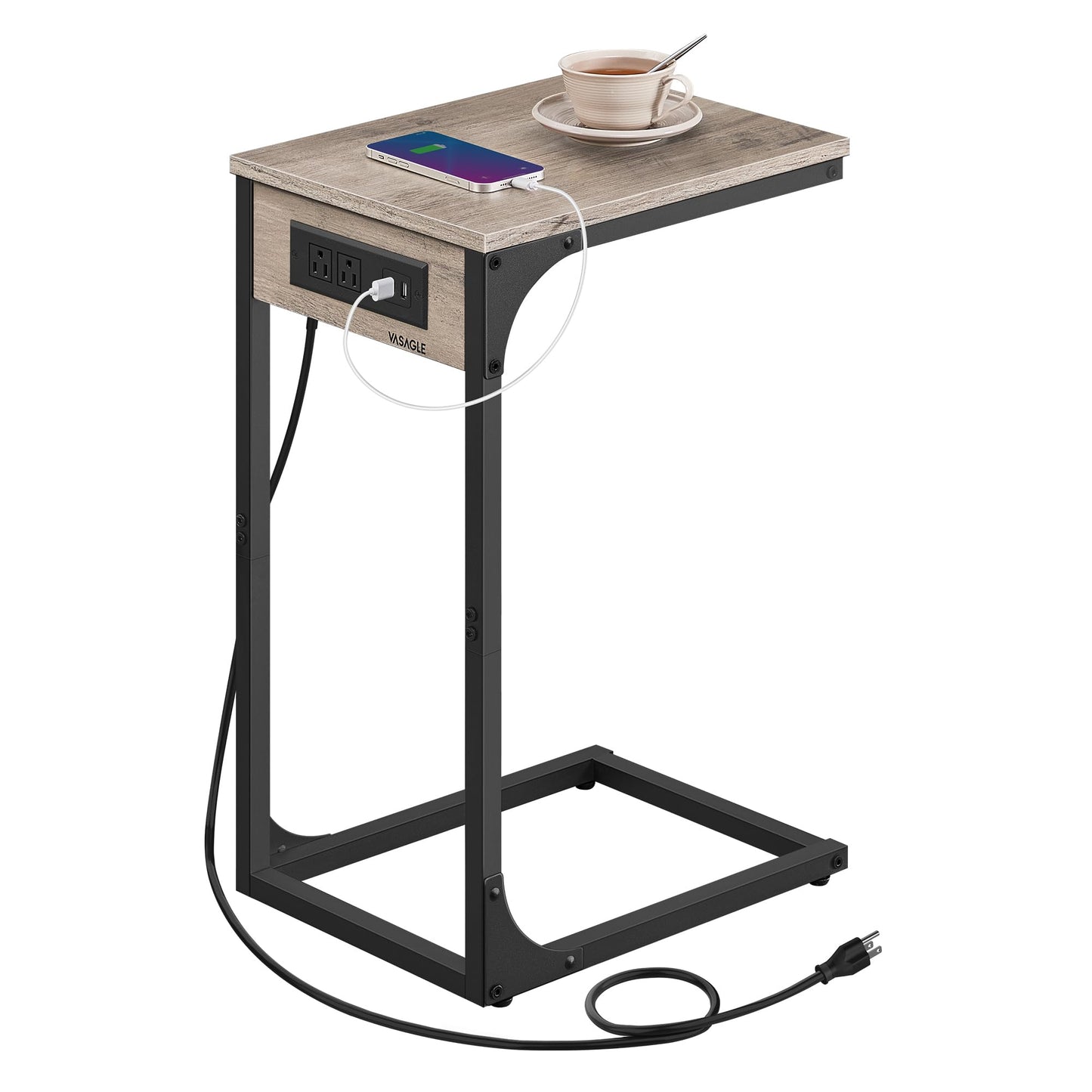 VASAGLE C-Shaped End Table for Couch, Sofa Side Table with Charging Station, Metal Frame, for Living Room, Bedroom, Heather Greige and Ink Black ULET362K02