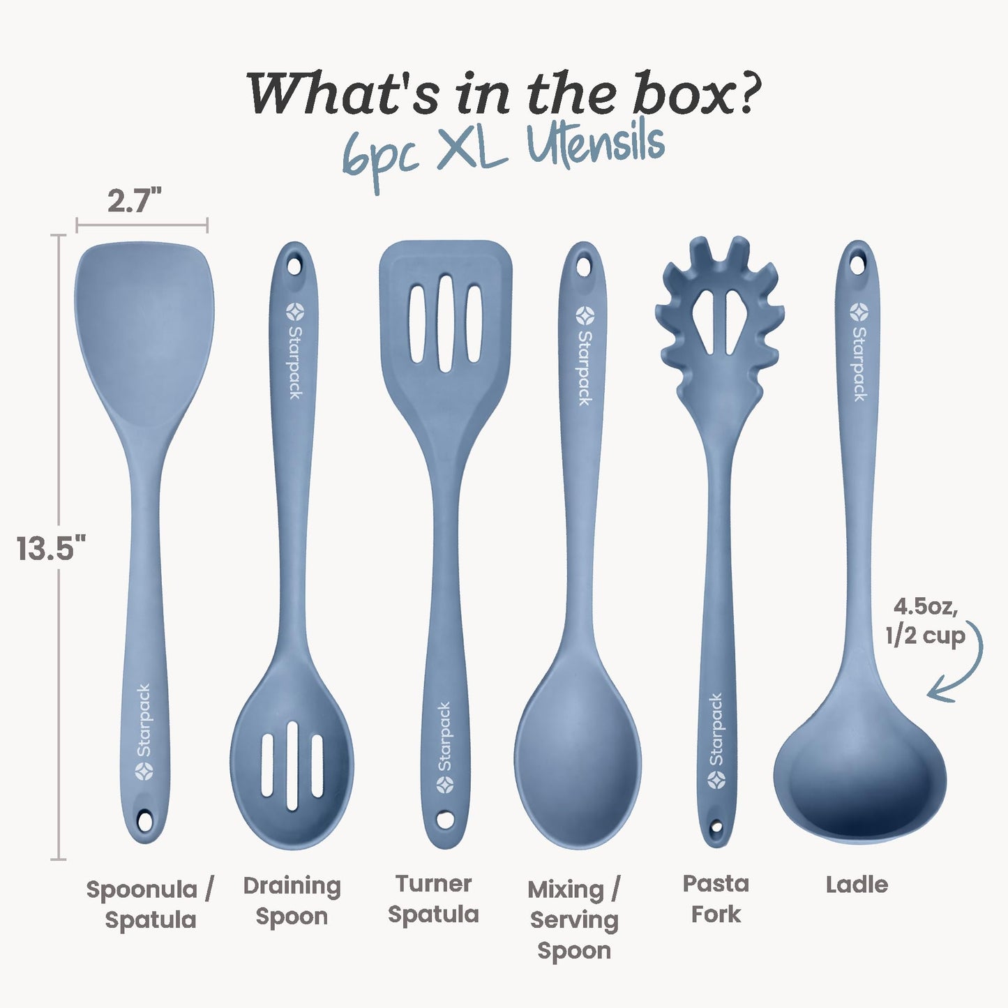 StarPack Premium Range XL Silicone Kitchen Utensil Set (6 Piece) in EU LFGB Grade with Hygienic Solid Coating + Bonus 101 Cooking Tips - Teal Blue