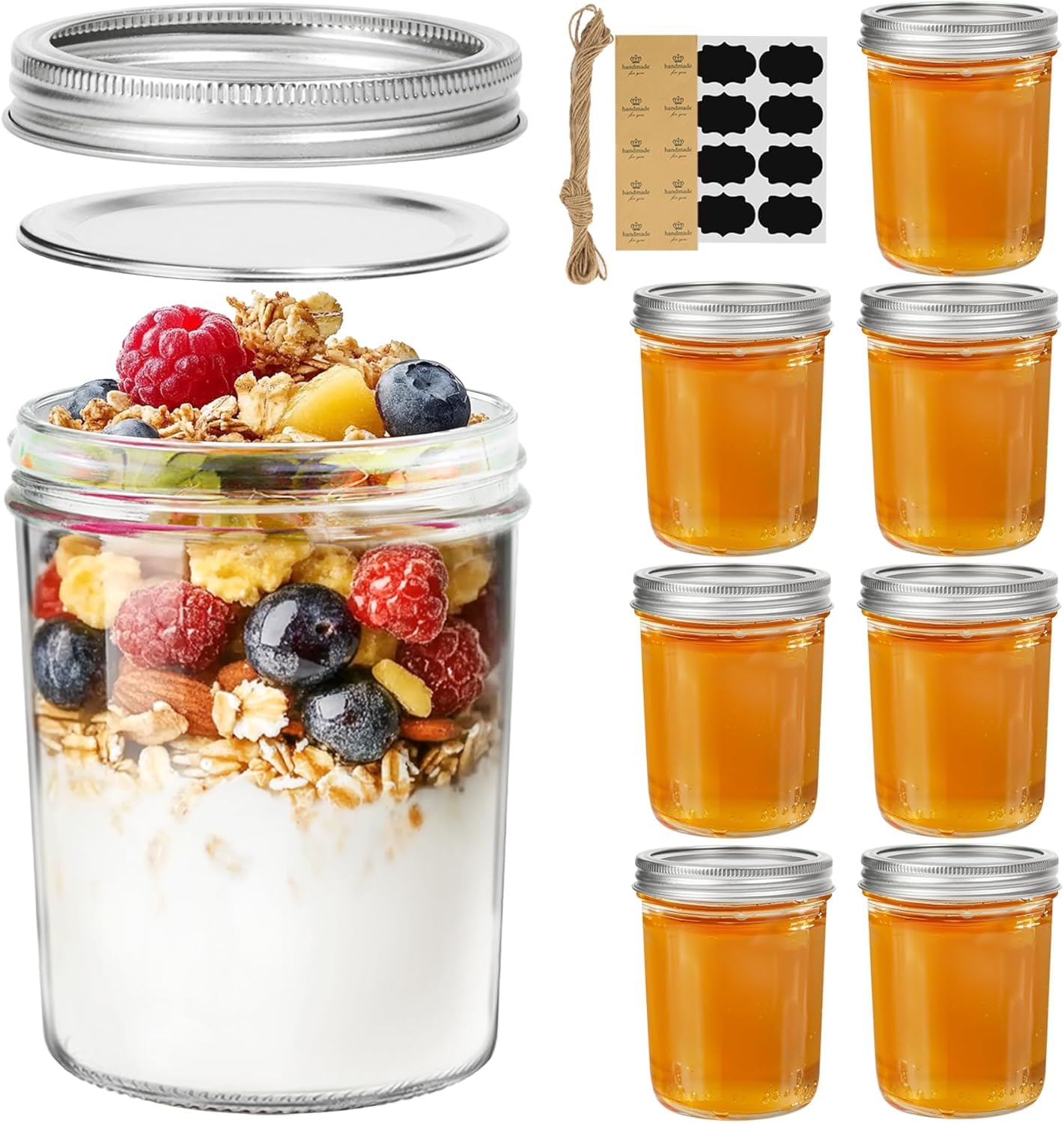 ComSaf Wide Mouth Mason Jars 16oz - 8 Pack, Pint Mason Jars with Lids and Seal Bands, Glass Canning Jars for Pickling, Jam, Jelly, Overnight Oats, Yogurt, Chia Pudding, Salad, Desert, DIY Candles