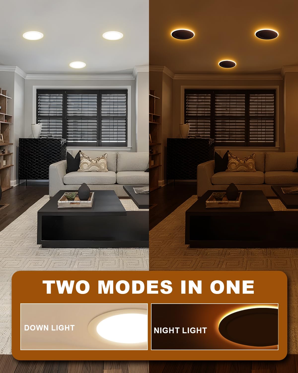 JESLED Pot Lights LED 4 inch with 2200K Night Light, 6CCT 2700K/3000K/3500K/4000K/5000K/6000K Dimmable Recessed Lights, 9W 750LM, ETL FCC Listed, 6 Pack