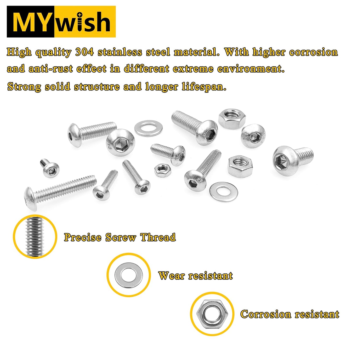 Mywish 900Pcs Metric Screw Assortment, M3 M4 M5 M6 Screw Assortment Kit 304 Stainless Steel Hex Socket Button Head Socket Cap Metric Screws Bolts & Flat Washers/Nuts/Hex Wrenches 16 Sizes 8MM to 20MM
