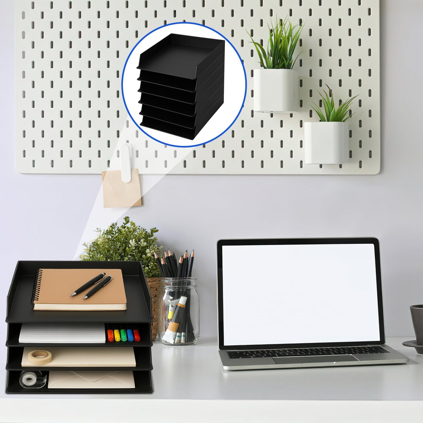 6 Pcs Stackable Paper Trays Rectangular Plastic Desk Holder Desktop Document File Organizer Storage Letter for Office Classroom (12.79" x 9.44" x 1.96", Black)