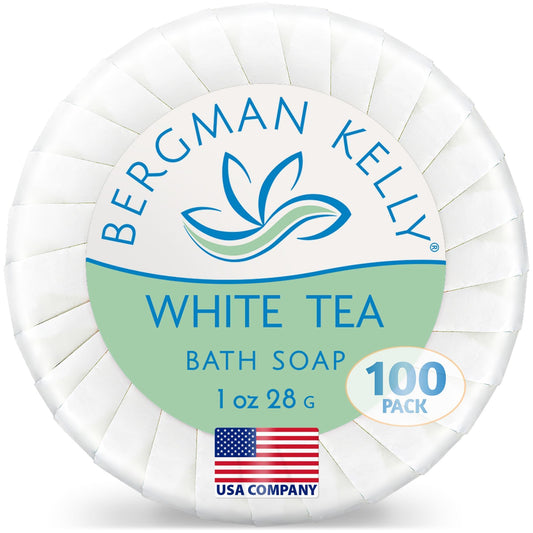 Bergman Kelly - Hotel Soap Bars - White Tea, 28 g, 100 PK - Travel Size Luxury Bulk Amenities Bar Soap - Mini Individually Wrapped Round Soap - Small Toiletries for Airbnb, Motel, Guest Bathroom