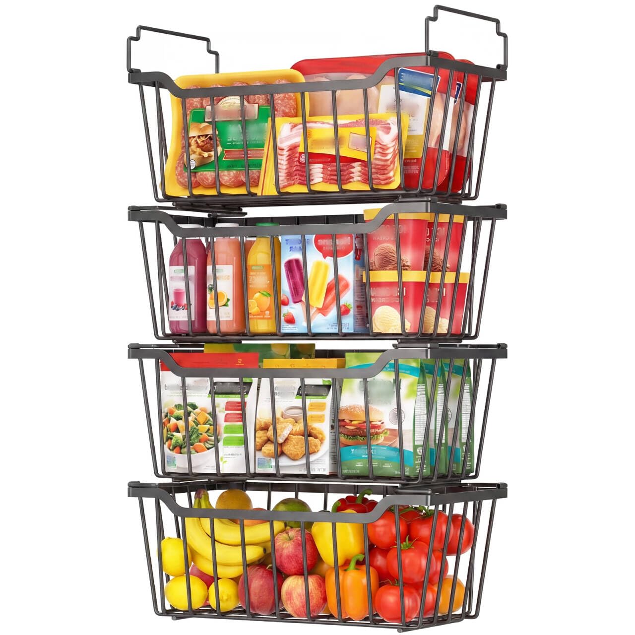 Goovilla Freezer Organizer Bins with Foldable Handle, 4 Pack Stackable Freezer Baskets for 3.5-7 Cu.FT Deep Chest Freezer Organization, Coated Metal Freezer Storage Bins with Better Space Utilization