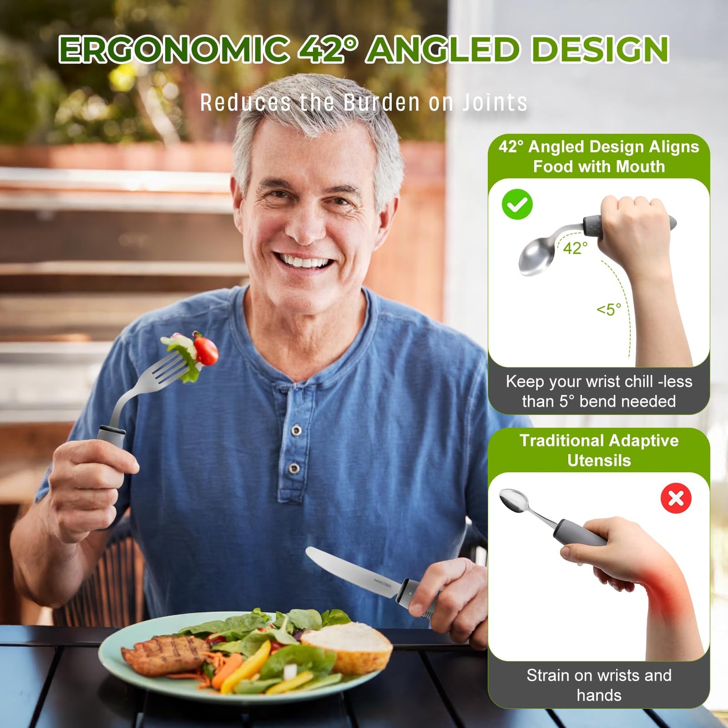 4-Piece Adaptive Utensils Set for Parkinson’s & Hand Tremors – 42° Angled, 2.5 oz Weighted Silverware – Easy-Grip Utensils for Seniors & Arthritis (Fork, Knife, Spoon)-(Right-Handed)