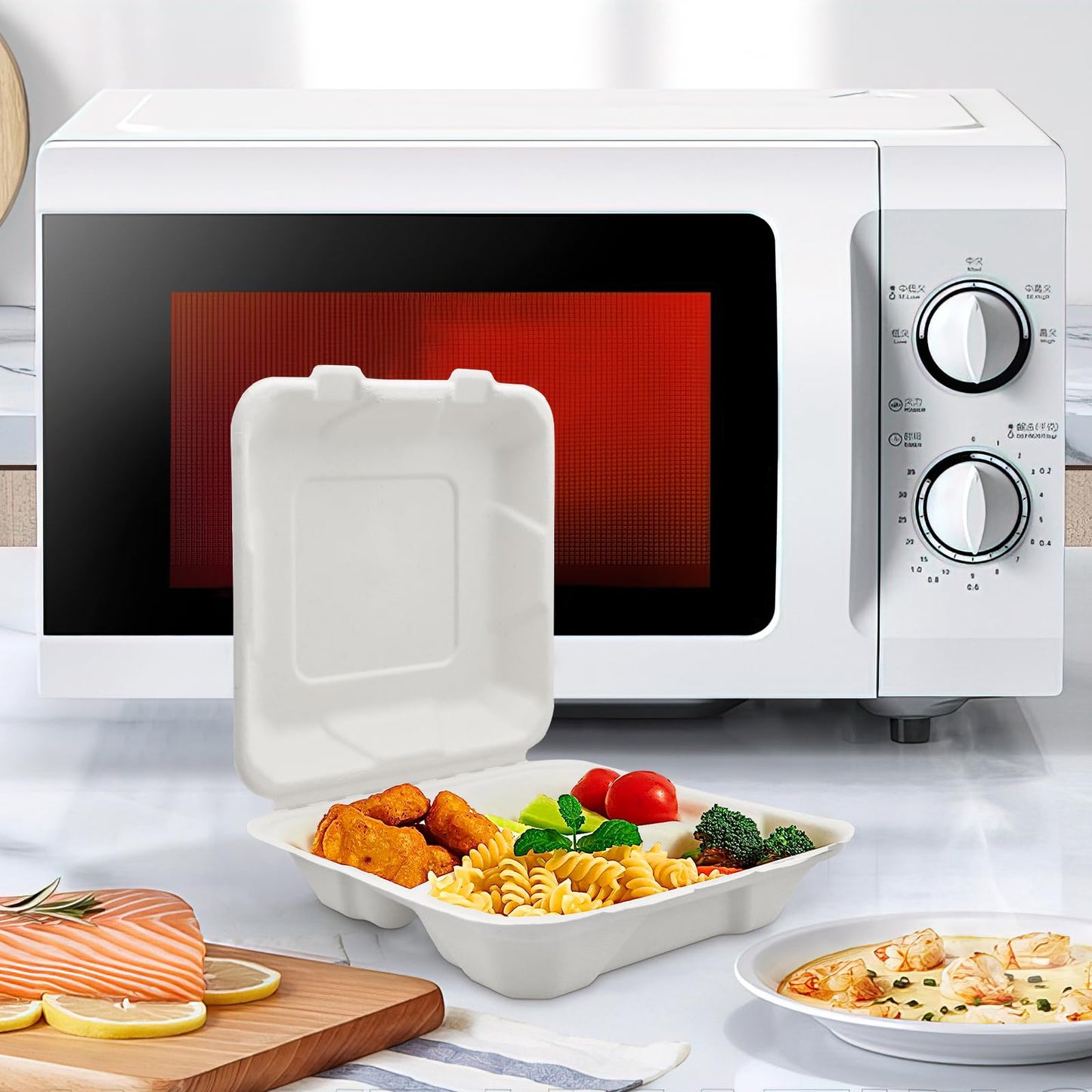 8X8" 3 Compartment 80-Pack Plastic Clamshell Take Out Food Containers, Heavy Duty To-go Disposable Lunch Box For Cake, Sandwich, Salad,Dessert, Restaurant Meal Prep Packaging Catering Hinged Container