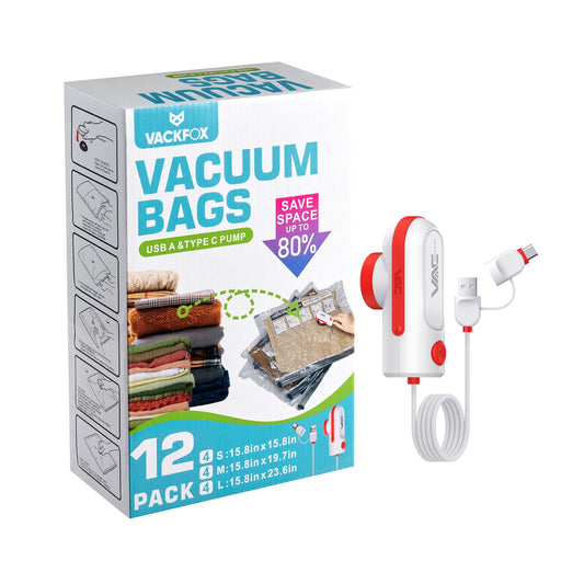 12 Pack Travel Vacuum Bags for Clothing with USB and TYPE C Pump, Compression Seal Packing Cubes for Luggage Suitcase Backpack, Carry-on Size Space Saver Storage Bags for Vacation Cruise（Red）