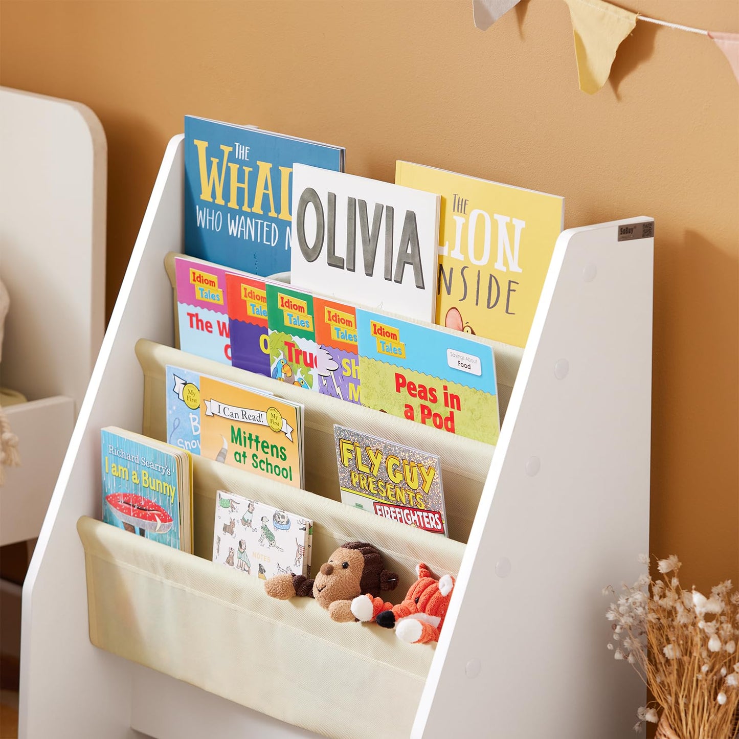 SoBuy Kids Bookshelf with 4 Fabric Sling Pockets, Montessori Front Facing Bookcase for Toddlers, Space Saving Children Book Organizer for Nursery Playroom & Bedroom, 62 x 30 x 71 cm, White FRG225-W