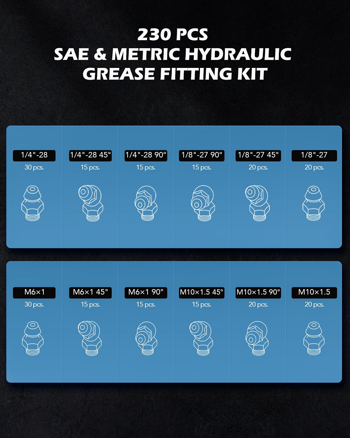ZELCAN 230 pc. Hydraulic Grease Fitting Set | SAE & Metric Grease Nipple Assortment with 230 Straight 45 90 Degree Zerks in 2 Cases | Galvanized Steel Home Improvement Tool Kit for Mechanics and More