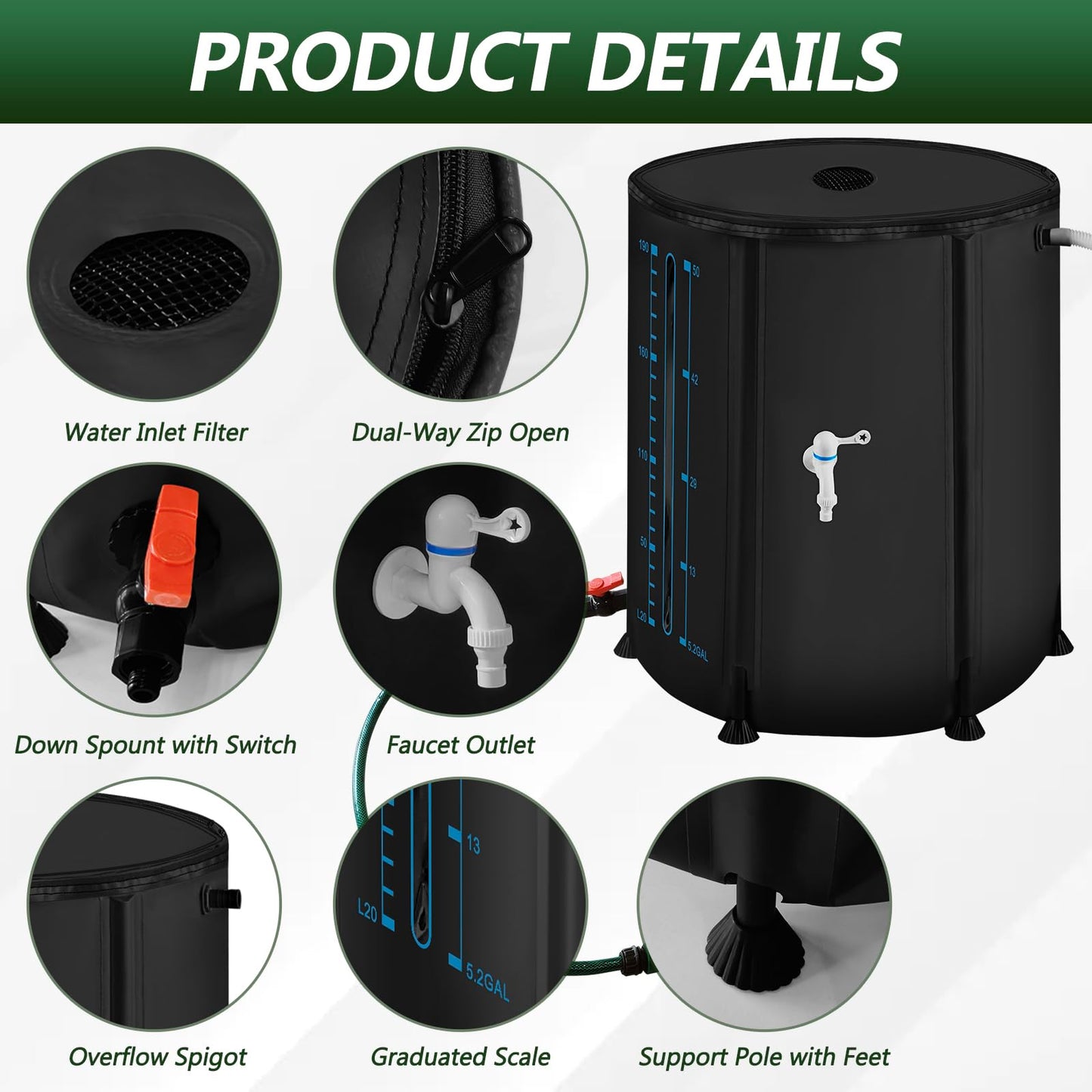 53Gallon/200L Rain Water Collection Barrel, Portable PVC Rain Barrels to Collect Rainwater from Gutter, Large Capacity Rainwater Collection System with Water Level for Garden Water Catcher, Black