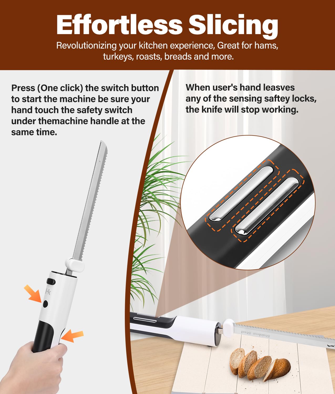 HK Cordless Electric Carving Knife for Meats, Poultry, Bread, Crafting Foam & More, Included Dual 304 Stainless Steel Blades, Fork, Foldable Cutting Board, Newly Upgraded Tactile Control