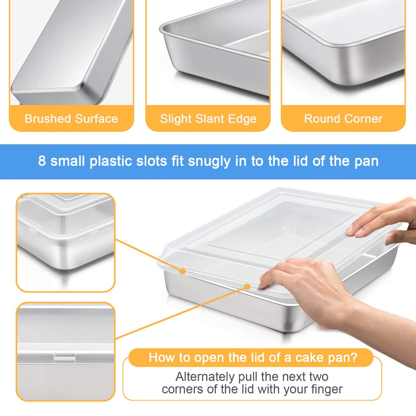 Stainless Steel Baking Pan with Lid, E-far 12⅓ x 9¾ x 2 Inch Rectangle Sheet Cake Pans with Covers Bakeware for Cakes Brownies Casseroles, Non-Toxic & Healthy, Heavy Duty & Dishwasher Safe - Set of 2