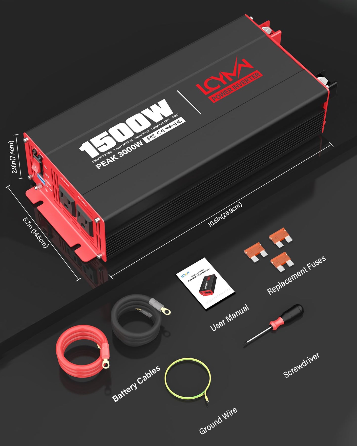 1500 Watt Power Inverter DC 12V to AC 110/120V with Dual Outlets USB-C 30W USB-QC 18W Fast Car Charger Adapter for Vehicles Home RV Car Truck Off-Grid Solar System Converter